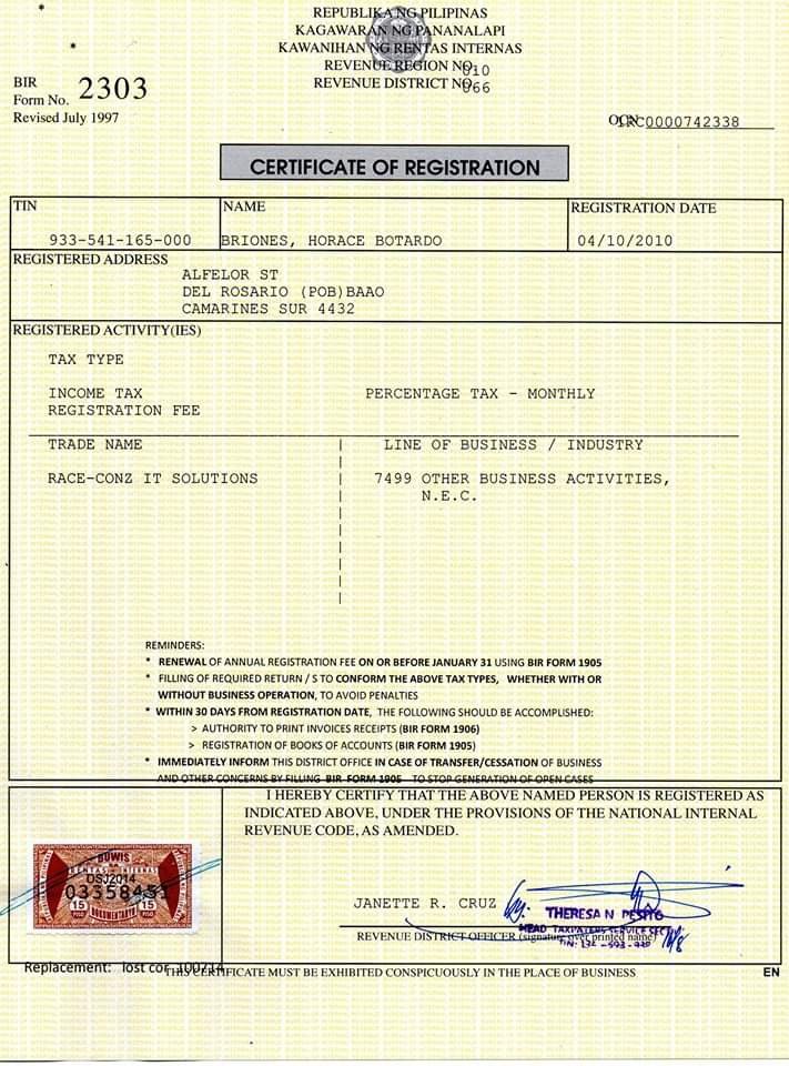 BIR Certificate of Registration